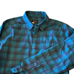 Marmot Mens Large Aqua Blue Plaid Long Sleeve Button Down Shirt